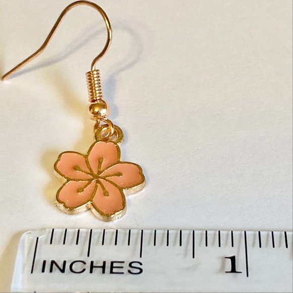 Hibiscus Flower Earrings Rose Gold Plated Enamel Peach Pink Dangle Dainty Island - Picture 11 of 12